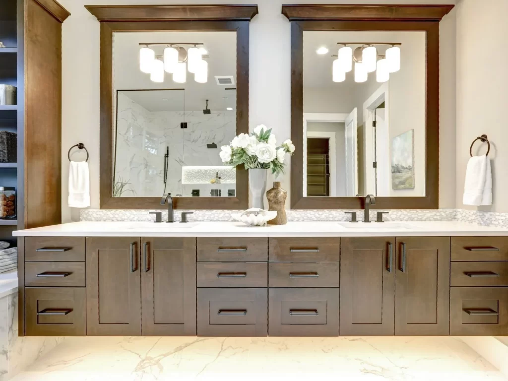 Custom-built bathroom with marble sink on a wooden oak top vanity with modern fixtures in Sonoma county. Petaluma, Santa Rosa, Windsor, Rohnert Park, Cotati, Novato, Napa, Marin, Corte Madera, San Francisco, Oakland, Walnut Creek, Alameda, Healdsburg, Sonoma.