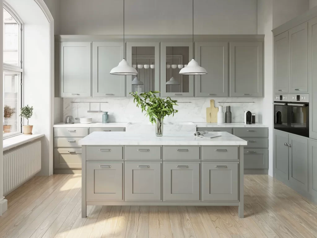 Modern, minimalist kitchen with light gray custom cabinetry in Sonoma County built by California's Custom Cabinetry and Construction. Petaluma, Sonoma, Santa Rosa, Windsor, Rohnert Park, Cotati, San Francisco, Alameda, Oakland, Novato, Marin, Corte Madera, Healdsburg, Walnut Creek.